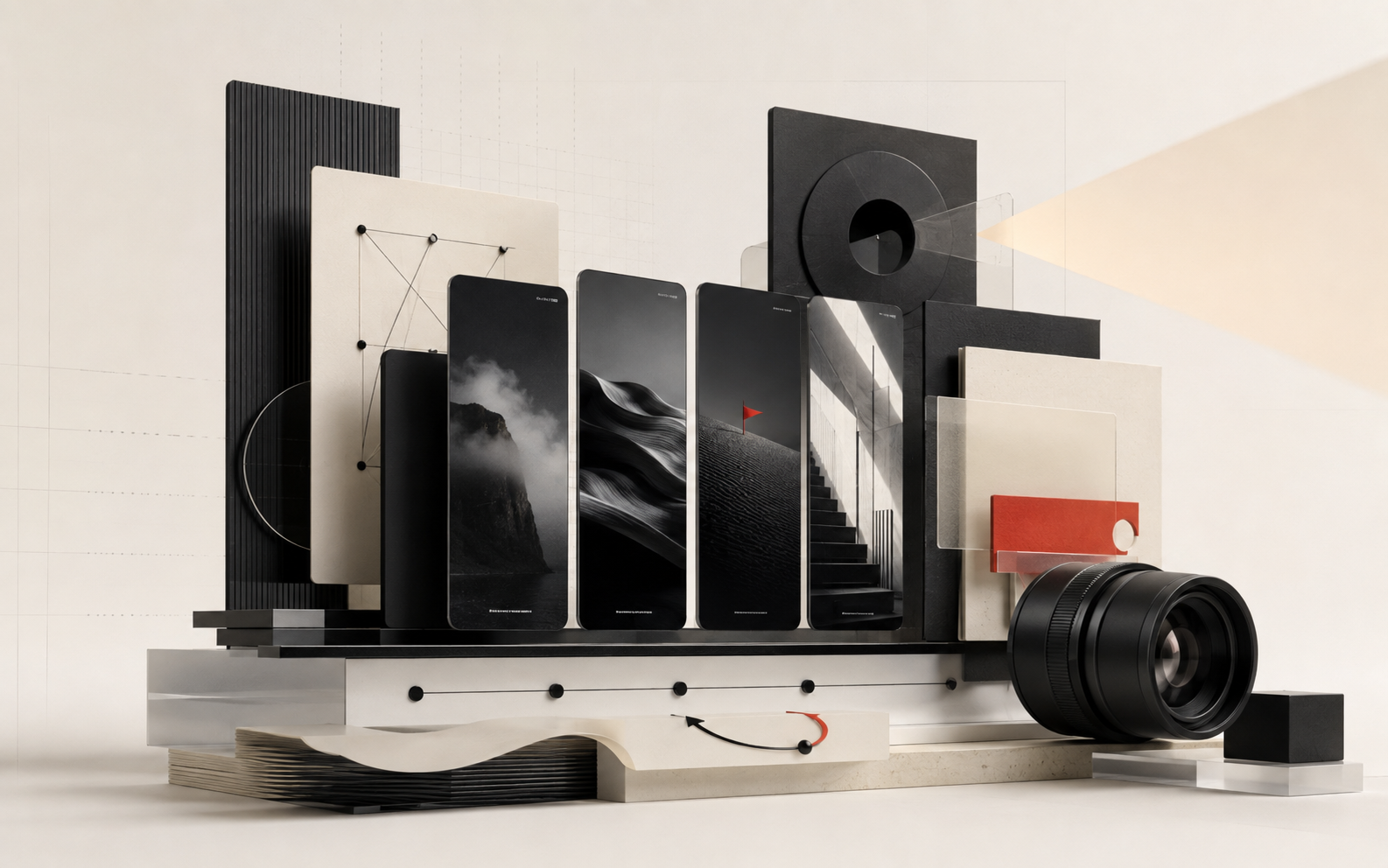 Modular social content system with vertical frames, camera cues and red accents